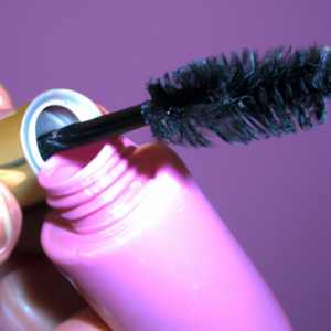 A mascara brush being used to apply product to eyelashes.