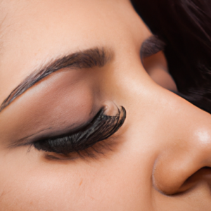 A close up of curled long eyelashes with a glossy finish.