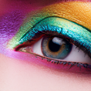 A close-up of a colorful eye look with bright shades of eye makeup.