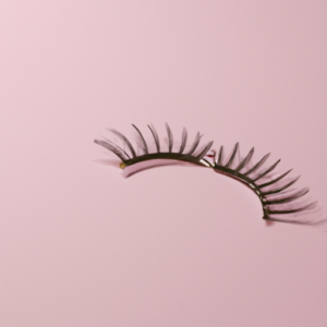 A close-up of a single pair of false eyelashes against a soft pink background.