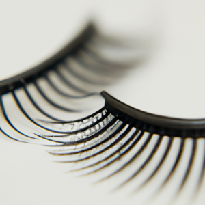 A close-up of a pair of false eyelashes, with a subtle focus on the detail of the individual strands.