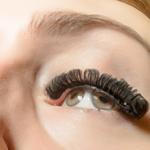 A close-up of a set of curled eyelashes with mascara applied.
