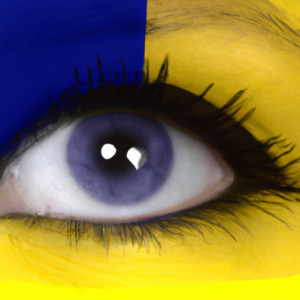 A close-up of an eye, with a blue circle surrounding it and a yellow circle in the center.