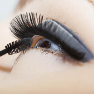A close-up of a pair of eyelashes with dramatic mascara applied.