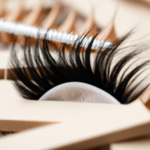 Close-up of a single false eyelash against a background of natural makeup brushes.
