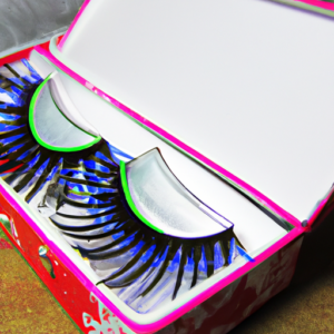 A close-up of a brightly colored and patterned false eyelash box.