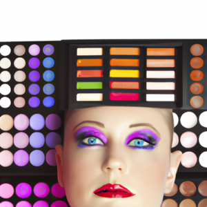 A woman's face with neutral makeup and a bright, colorful palette of makeup products arranged around her.