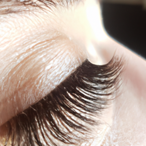 A close-up of long, lush eyelashes with a hint of mascara.