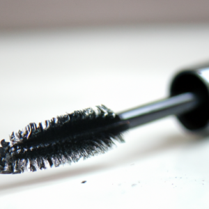 A close-up image of a mascara wand with a few lower lashes visible.