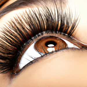 A close-up of an eye with long and voluminous lashes.