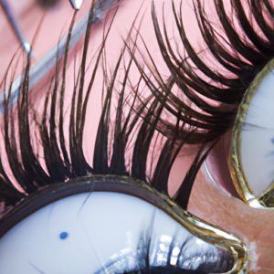 A close-up of a set of curled eyelashes with a glossy sheen.