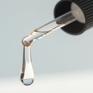 A close-up of a tube of eyelash serum with a glistening droplet of liquid on the tip.