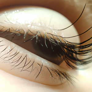 A close-up of an eye with long, lush eyelashes.