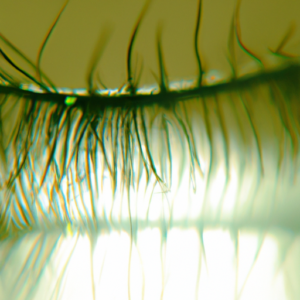 A close-up of a single green eyelash with a shiny, reflective surface.