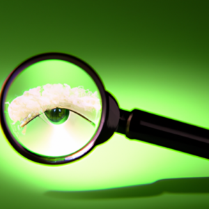 A magnifying glass hovering over an eyelash with a glowing green background.