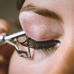 A close-up of a pair of eyelashes with a curling iron.