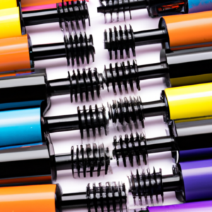 A close-up of a variety of colorful mascara tubes arranged in a pattern.