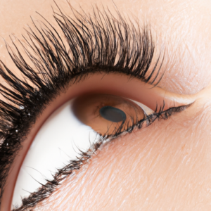 A close-up of an eye with long and voluminous lashes.