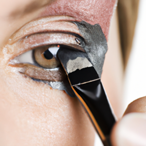 A close-up of a makeup brush being used to apply natural-toned eyeshadow.