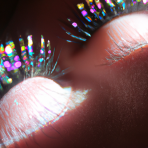 A close-up of a pair of bright, colorful eyelashes with a sparkle of light reflecting off them.