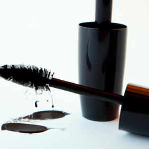 Close-up of a tube of mascara and a makeup brush with globs of mascara on the bristles.