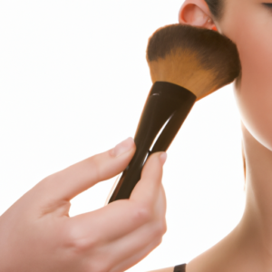 A close up of a makeup brush applying makeup to a woman's skin.