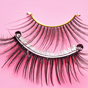 A pair of eyelashes curled against a bright pink background.