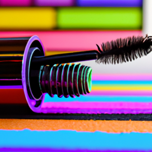 Suggestion: A close-up of a tube of mascara with a backdrop of a bright, vibrant eye shadow palette.