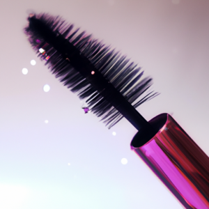 A close-up of a mascara wand with a pink and purple ombre effect.