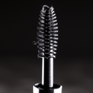 Close-up of a mascara wand against a black background.