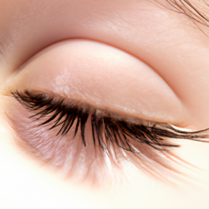 A close-up of an eye with long eyelashes against a white background.