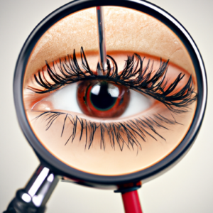 A close-up of an eye lashes with magnifying glass.