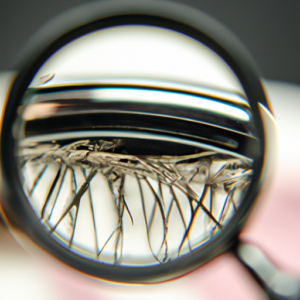 A close-up of an eyelash with a magnifying glass.