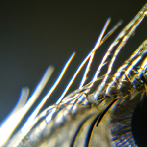 A close-up of an eyelash, magnified and illuminated.