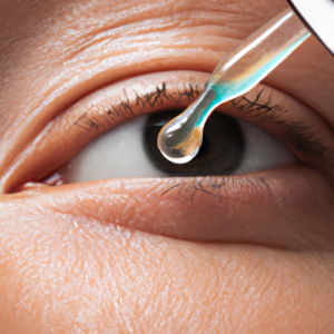 A close-up of a woman's eye with a brightly-colored, serum-filled dropper hovering nearby.