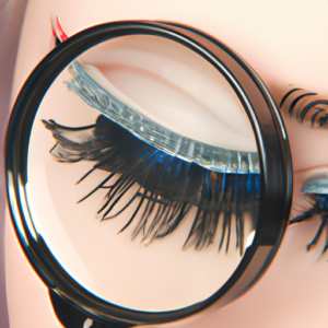 A close-up of a pair of eyelashes with a magnifying glass hovering above them.