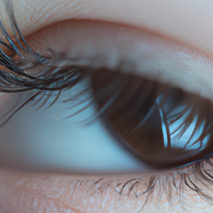 A close-up of an eye with long, lush eyelashes.