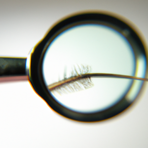 A close-up of a single eyelash, with a magnifying glass hovering over it.