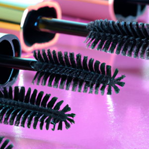 A close-up image of a mascara wand with bristles in various shapes and sizes.