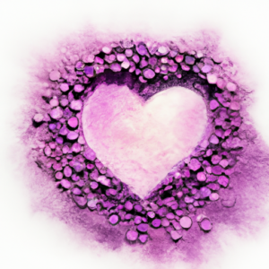Abstract image of various shades of pink and purple shimmering makeup powders scattered in a heart shape.