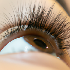 Close-up of an eye with long, thick eyelashes.