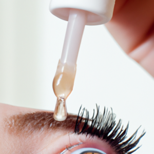 A close up of an eye with a dropper of serum being dispensed onto the eyelashes.