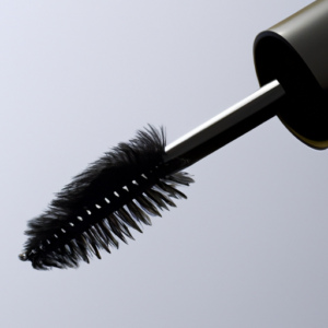 A closeup of a mascara wand, with the bristles slightly fanned out.