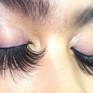A close up of a pair of long, lush eyelashes.