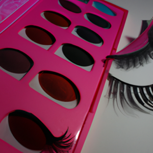 A bright pink eye shadow palette with multiple shades and a set of false eyelashes beside it.