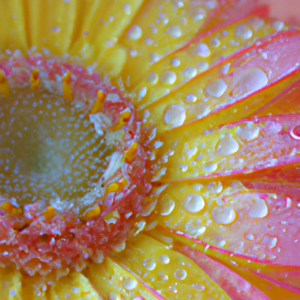 Suggested prompt: A close-up of a yellow and pink flower with droplets of water on the petals.