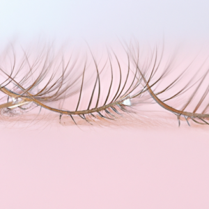 A close-up of a cluster of long, curled eyelashes with a light pink background.