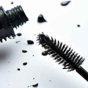 A close-up of a mascara wand with clumped product on the bristles.