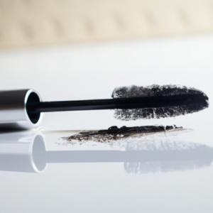 A close-up of a tube of mascara with clumps of mascara on the wand.
