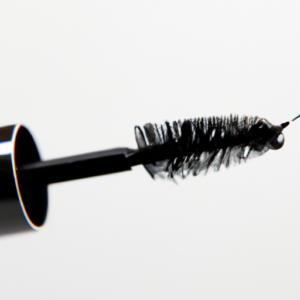 A closeup of a mascara wand with a few drops of black mascara on the tip.